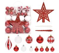 Mangloder - Set di decorazioni per albero di Natale, 64 pezzi, in plastica rossa e bianca, con ciondolo a forma di sfera, stella, punta, statuetta, pigna, campana, decorazione infrangibile, per abete