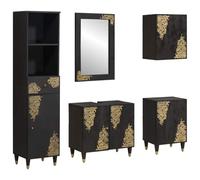 Mangloder - Set di mobili da bagno in legno massello di mango nero, con 5 ante, lavabo, specchio, armadietto alto e pensile, salvaspazio, con vano portaoggetti e cassetto, per mobili da bagno