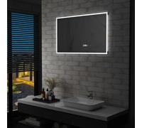 Mangloder Specchio da bagno a LED, 100 x 60 cm, con sensore tattile e indicatore dell'ora, vetro senza cornice, alluminio argento, IP44, 12 W, per bagno, trucco e cura