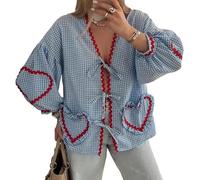 MANGMAO Top da donna con laccio frontale a quadretti Babydoll con fiocco, maniche a sbuffo, top Coquette, top a maniche lunghe con cuore, grazioso top primaverile (Blu a quadretti, L, Large)