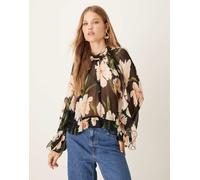 Mango - Blusa a maniche lunghe trasparente nera a fiori con scollo rotondo-Nero M