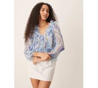 Mango - Blusa blu pastello a maniche lunghe con stampa a fiori, volant e dettagli allacciati M