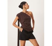 Mango - Blusa monospalla in tessuto drappeggiato marrone cioccolato arricciato sul lato S