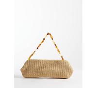 Mango - Borsa da spalla in rafia beige con tracolla con perline-Neutro No Size