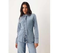 Mango - Camicia in denim a maniche lunghe in misto cotone con cravatta blu medio M