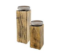 Mango Candelabro con supporto in alluminio, set da 2 pezzi, portacandele in legno per candele a forma di pilastro e a sfera, candelabro decorativo con piatto in metallo, decorazione in legno rustico