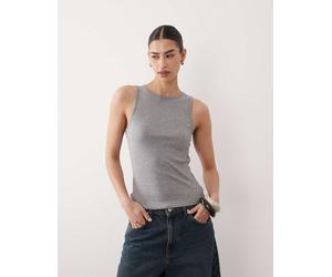 Mango - Canotta grigia a coste con scollo a vogatore in misto cotone-Grigio M