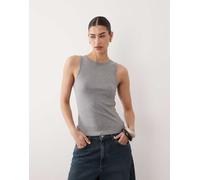 Mango - Canotta grigia a coste con scollo a vogatore in misto cotone-Grigio S