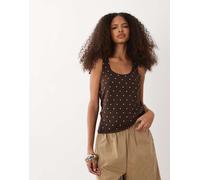 Mango - Canotta in maglia marrone e crema a pois con scollo rotondo S
