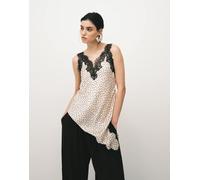 Mango - Canottiera taglio lungo asimmetrico in raso beige e nero a pois con finiture in pizzo-Multicolore L