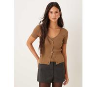 Mango - Cardigan a maniche corte in maglia sottile color toffee a doppio strato-Marrone L