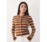 Mango - Cardigan stile polo in maglia marrone a righe M