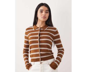 Mango - Cardigan stile polo in maglia marrone a righe M