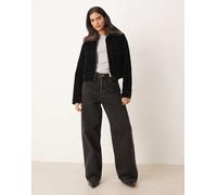 Mango - Giacca nera in denim con colletto in pelliccia sintetica-Nero M