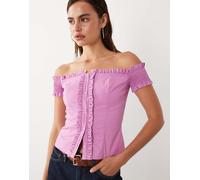 Mango - In collaborazione con Hailey Bieber - Blusa rosa con spalle scoperte e volant M