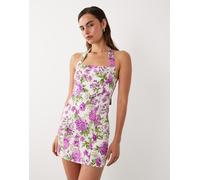 Mango - In collaborazione con Hailey Bieber - Vestito corto allacciato al collo rosa a fiori S