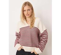 Mango - Polo in maglia a righe bordeaux con scollo a V-Rosso XS