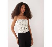 Mango - Top a canottiera arricciato con spalline sottili beige e nero a pois-Bianco L