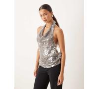 Mango - Top allacciato al collo in paillettes argento S