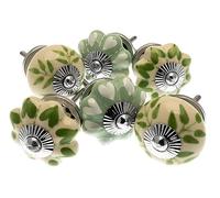 Mango Tree - Pomelli per credenza dipinti a mano in eau de Nil verde e crema cuori e foglie - Confezione da 6