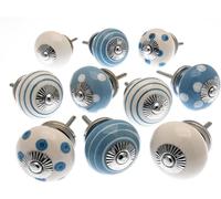 Mango Tree, Set di 10 pomelli in ceramica per credenze, colore blu e bianchi a pois e a righe
