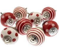 Mango Tree Set di 8 pomelli decorativi per credenze, colore rosso e bianco, a pois, in ceramica, per porte e cassetti, stile vintage