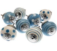 Mango Tree - Set di 8 pomelli in ceramica a pois e strisce blu e bianche