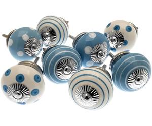 Mango Tree - Set di 8 pomelli in ceramica a pois e strisce blu e bianche