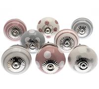 Mango Tree Set misto di pomelli in ceramica per credenza, motivo Whisper, rosa e grigio, a pois bianchi e strisce, confezione da 8