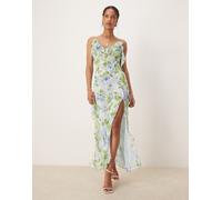 Mango - Vestito color blu pallido con scollo a V, volant, stampa vegetale e spacco laterale M