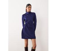 Mango - Vestito corto accollato a maniche lunghe in raso blu elettrico con arricciature laterali L