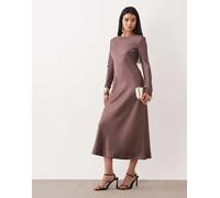 Mango - Vestito lungo a maniche lunghe in raso viola pastello con scollo rotondo M