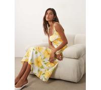 Mango - Vestito lungo con scollo rotondo in misto cotone giallo a fiori L