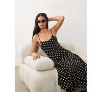 Mango - Vestito lungo con spalline sottili nero e bianco a pois XL