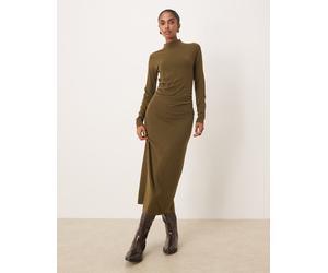 Mango - Vestito lungo kaki accollato con vita arricciata-Verde L