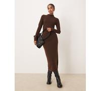 Mango - Vestito lungo marrone accollato con vita arricciata XS