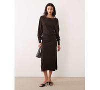 Mango - Vestito midi color cioccolato con scollo a barchetta-Marrone L