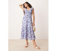 Mango - Vestito midi con stampa botanica blu e maniche con volant S