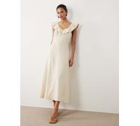 Mango - Vestito midi in misto lino color crema con volant-Neutro L
