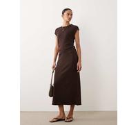 Mango - Vestito midi marrone con arricciatura in vita e maniche a sbuffo S