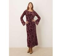 Mango - Vestito midi rosa scuro in velluto a fiori con maniche lunghe L