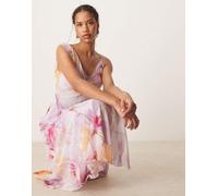 Mango - Vestito sottoveste lungo con scollo rotondo e stampa a fiori sfocati-Rosa XS