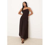 Mango - Vestito sottoveste monospalla in chiffon color cioccolato taglio sbieco-Marrone L