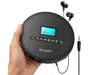 MangoKit CD-X Lettore CD portatile per auto con Bluetooth, riproduzione MP3, jack per cuffie, funzione anti-scivolamento, batteria ricaricabile - Lettore CD compatto per viaggi, casa e