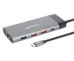 Manhattan 130714 replicatore di porte e docking station per laptop Cablato USB 3.2 Gen 2 [3.1 Gen 2] Type-C Grigio (USB-C DOCK/HUB 9-PORT- - ENET/HDMI[X2]/USB-A[X5]/-C[X2]PD)