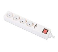 Manhattan Ciabatta elettrica a 4 prese con 2 porte di ricarica USB e interruttore di alimentazione, contatto di protezione, bianco