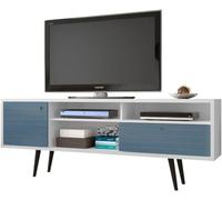 Manhattan Comfort Liberty Collection Mid Century Modern TV Stand With One Cabinet and Three Open Shelves and One Cubby With Splayed Legs, White/Wood