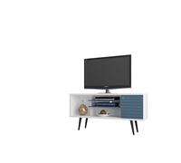 Manhattan Comfort Liberty Collection Mid Century Modern TV Stand With One Cabinet and Three Open Shelves and One Cubby With Splayed Legs, White/Wood