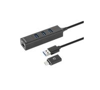 Manhattan Hub USB 180894 – 3 porte Type-C/A USB 3.2 Gen 1 (5 Gbit/s) – Adattatore Rete Gigabit Nero