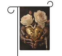 Mani femminili che tengono cuore dorato rose perle bandiera giardino vacanze stagionali iuta doppia faccia casa cortile esterno bandiere 30,5 x 45,7 cm